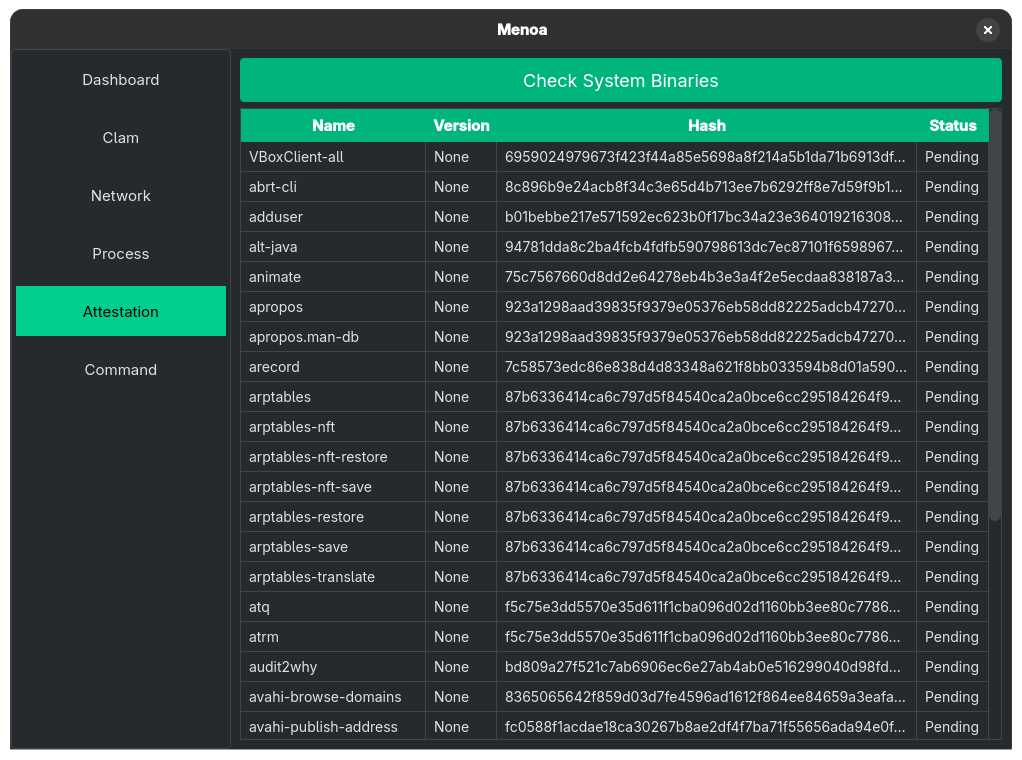 A screenshot of Menoa's GUI binary attestation tool
