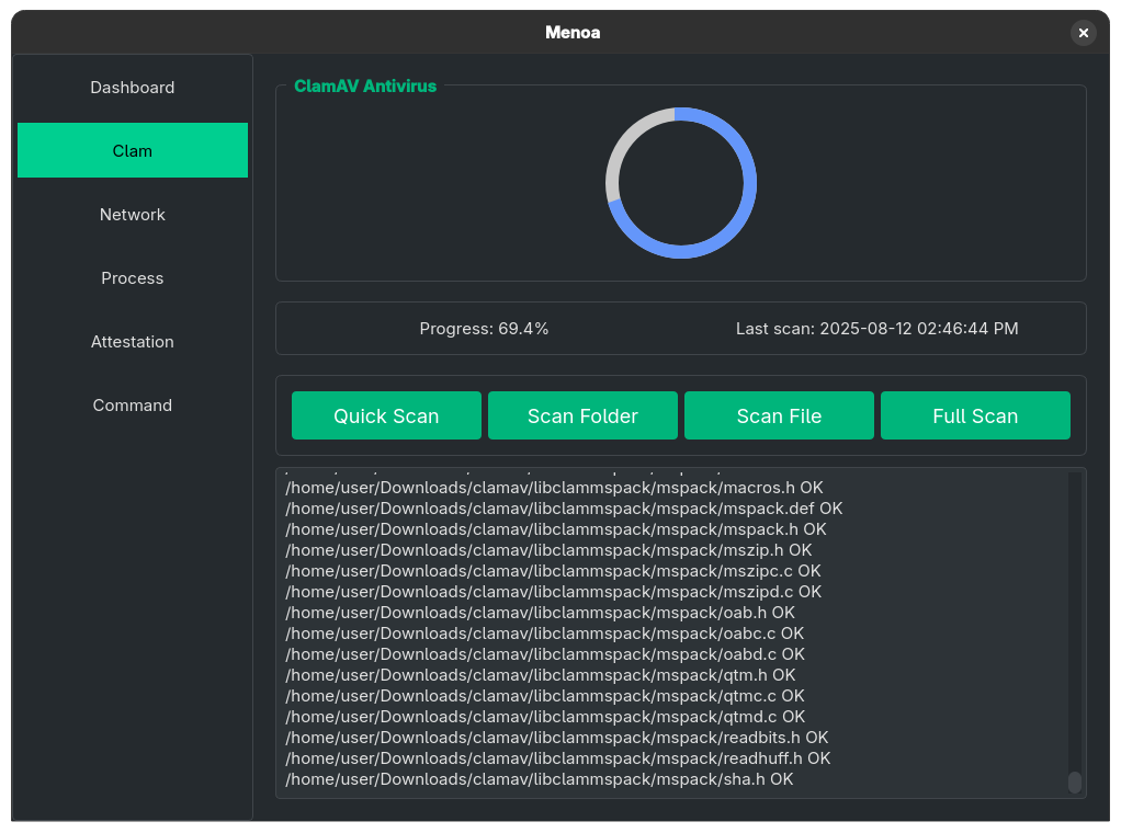 A screenshot of Menoa's GUI clamav interface