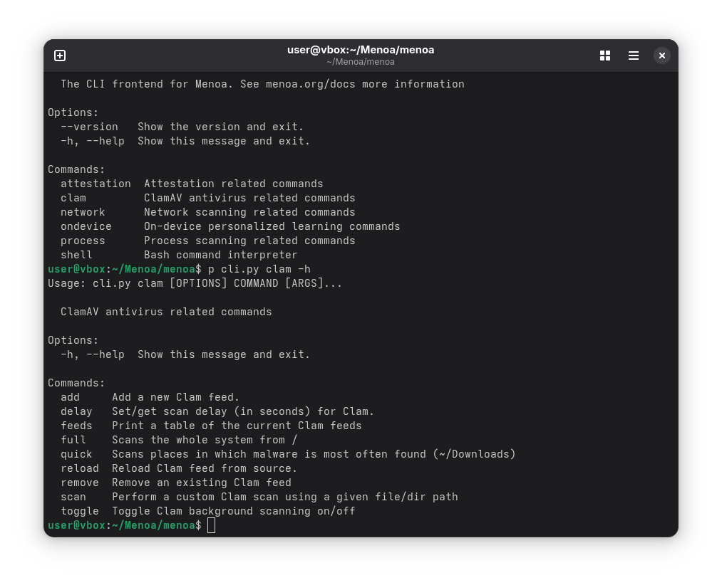 A screenshot of Menoa's CLI