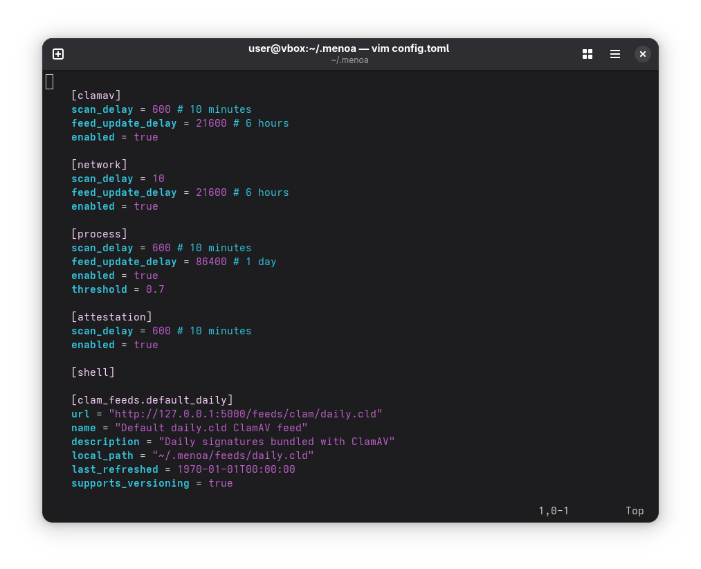 A screenshot of Menoa's config.toml file